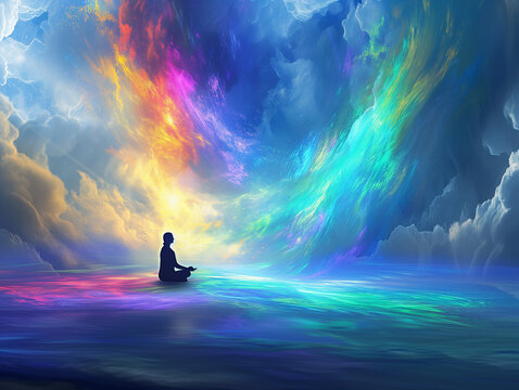 Human silhouette in yoga pose. Chakras, prana cloud, Universe, cosmos. Meditation dzen background,