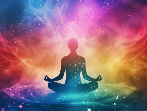 Human silhouette in yoga pose. Chakras, prana cloud, Universe, cosmos. Meditation dzen background,