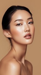 Naklejka premium Close-up portrait of a young Asian woman showcasing natural makeup and a subtle smile on a beige background.