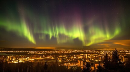 Northern lights over the night city on the coast