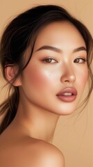 Fototapeta premium Close-up portrait of a young Asian woman showcasing natural makeup and a subtle smile on a beige background.