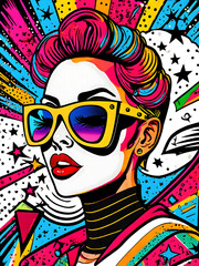 Colourful PopArt illustration of a girl wearing sunglasses