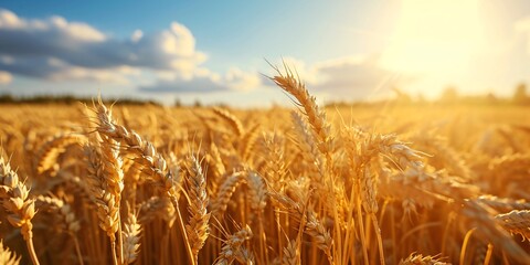 Glistening wheat stalks in the summertime field. - obrazy, fototapety, plakaty
