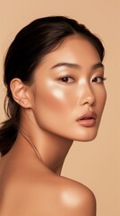 Naklejka premium Close-up portrait of a young Asian woman showcasing natural makeup and a subtle smile on a beige background.