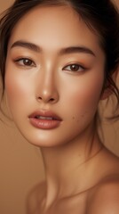 Obraz premium Close-up portrait of a young Asian woman showcasing natural makeup and a subtle smile on a beige background.