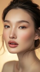 Obraz premium Close-up portrait of a young Asian woman showcasing natural makeup and a subtle smile on a beige background.