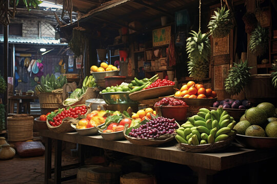 Experience the life-like vibrancy of a market bustling with realistically depicted fruits, vegetables, and vendors.