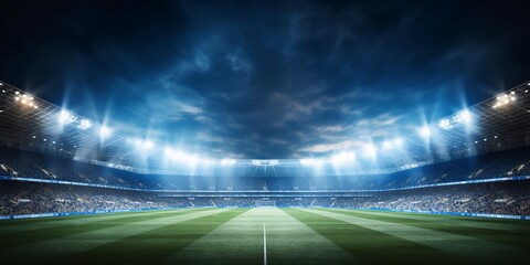 Illuminate nighttime scene with brightly lit stadium for soccer matches.