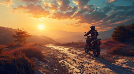 Fototapeten A skilled biker in full gear riding a powerful off-road motorcycle on a mountain road at sunset. 3D rendered backdrop. Motocross speed hobby adventure. © ckybe