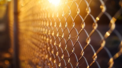 Deurstickers Sunlit steel mesh grid with detailed fence and illuminated background. © ckybe