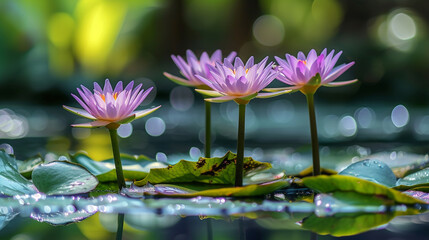 pink water lilies in sunshine, tranquility in idyllic nature, wellness