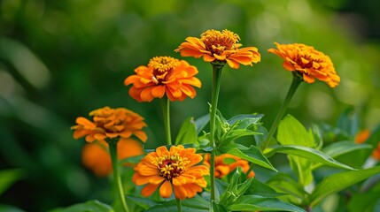 Gorgeous orange zinnias stand out against a lush green backdrop.