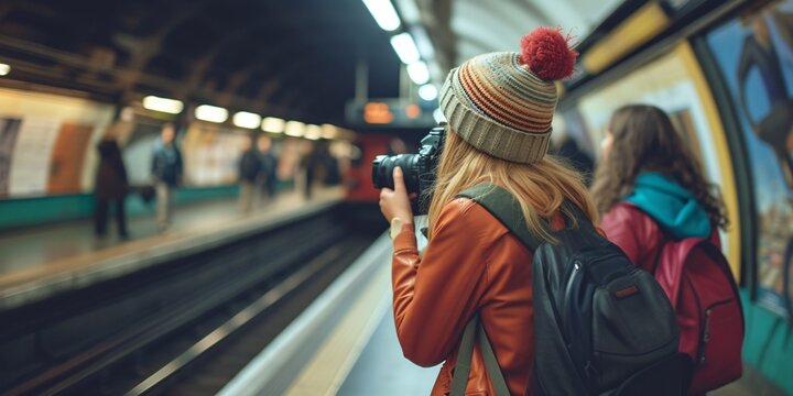 Tourists in Paris, France capturing photos on the subway platform.
