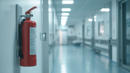 Fire extinguisher in hospital corridor .Install fire extinguisher on the wall .