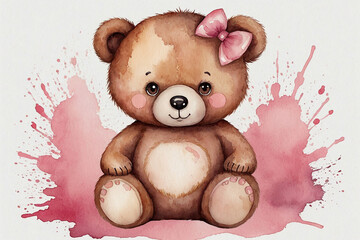 Cute teddy bear with pink splashes. Watercolor illustration.