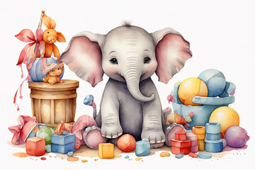 Cartoon scene with cute elephant and baby toys - illustration for children - obrazy, fototapety, plakaty