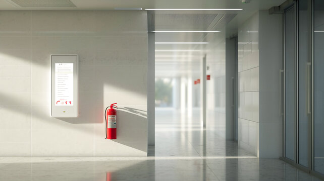 Fire extinguisher in hospital corridor .Install fire extinguisher on the wall .