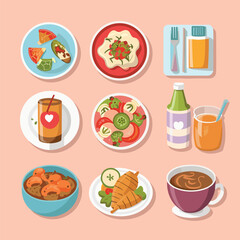 Set of food dish and beverages