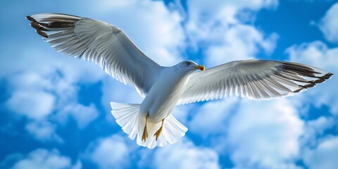 A lone seagull soaring against a backdrop of azure sky.