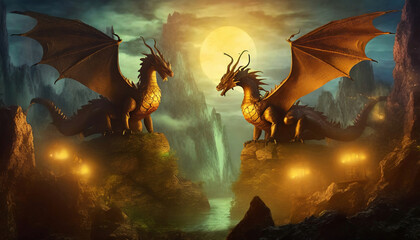 Gorgeous fantasy dragons guards, legendary beast, fantasy landscape