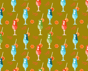 Seamless pattern wineglass Mocktail with orange. Non-alcoholic cocktail with citrus fruits and mint. Beach kitchen. Cool summer drinks. Vector illustration in the flat style.
