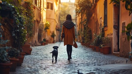 A chic lady strolls with her furry companion through the streets of Rome, embodying the essence of Italian culture and exploration. Back view.