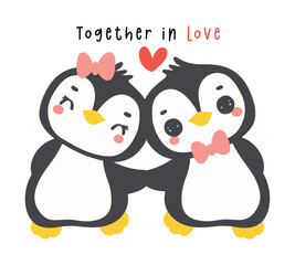 Loveable Valenntine penguin couple holding hand in a whimsical hand drawn cartoon, perfect for romantic greetings and festive occasions.