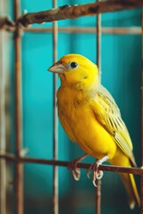 A cute bright yellow canary bird in its cage. Generative AI
