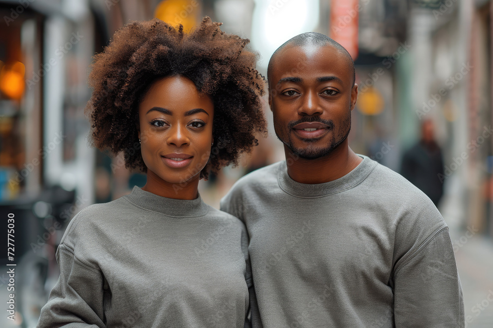 Sticker Portrait of male and female couple African Americans at city street. Generative AI.