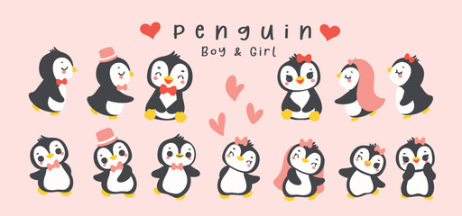 Loveable Valenntine penguin boy and girl hand drawn cartoon set, Cheerful animal character.