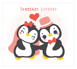 Loveable Valenntine penguin couple holding hand in a wedding theme hand drawn cartoon, perfect for romantic greetings.