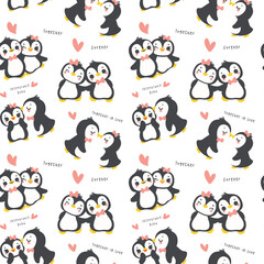 Valentine penguin couple pattern seamless cartoon hand draw isolated on white background.