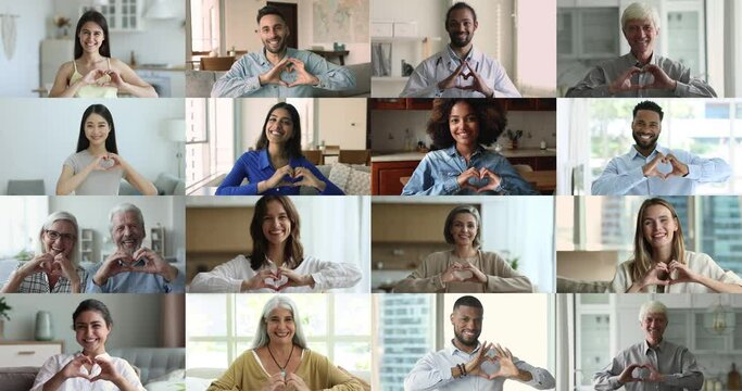 Young and mature multi ethnic women and men smile look at camera showing heart symbol with joined fingers. Multiple videos, collage of happy carefree girls, guys, grandpa and granny declaring of love