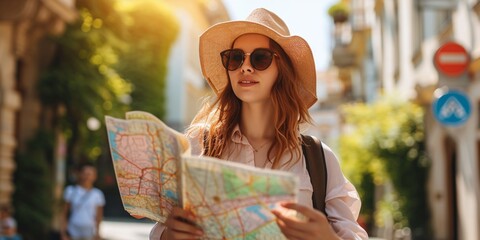 A female traveler exploring Europe with a map in hand.