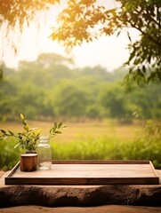 Farm display with wooden table showcasing natural products such as food and fragrance, surrounded by nature with morning sunlight.