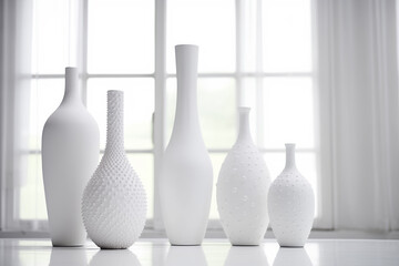 A beautiful still life of several white ceramic vases arranged in a row on a windowsill in front of a window. Airy and light room decorated with minimalism and modern aesthetics. AI-generated
