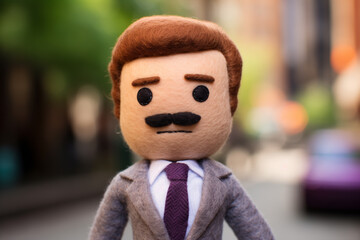 One felted figurine of a serious man wearing a suit. Close-up portrait of a male doll with a moustache. AI-generated