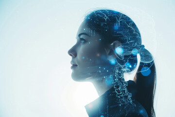 Woman profile with brain hologram over white and blue background with circuits interface. 