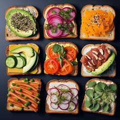 Many various open sandwiches flat lay. Overhead view of gourmet sandwiches with different toppings. AI-generated