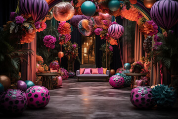 A dreamy and colorful room decorated with purple balloons. A room ready for a magical and mystical celebration, a fairy tale-themed birthday party for children. AI-generated