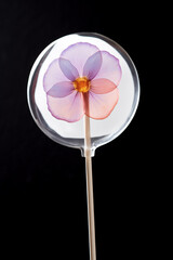 A fun clear lollipop with a purple flower inside isolated on black. A close-up of a round hard candy on a stick decorated with a flower. AI-generated