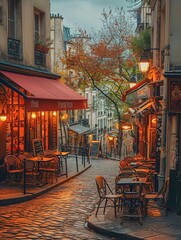 Fototapeta na wymiar Quintessential Parisian street scene featuring sidewalk cafes in the charming city of France.
