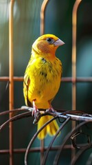 Fototapeta premium A cute bright yellow canary bird in its cage. Generative AI