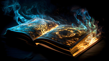 Bewitched book with magic glows in the darkness.