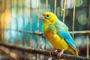 Obraz premium A cute bright yellow canary bird in its cage. Generative AI