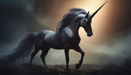 Dark fantasy black unicorn illustration, fairy tale wild creature, mysterious animal, horse with horn