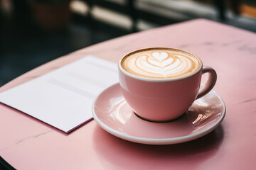 Obraz premium Pink cup with a creamy heart-shaped design on coffee, on a wooden table beside a pink notebook. Concept for cafe ambiance, love for coffee, or Valentines Day promotions.