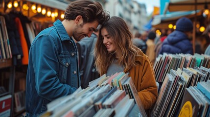 A youthful pair browsing vinyls at a flea market in France. - obrazy, fototapety, plakaty