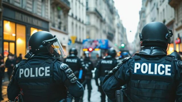 Group police officers patrolling city street. Policemen walk urban road. Brave men control security. Armed patrolman guard stop crazy crowd protest. Cop uniform. Professional duty. Guys monitor town.