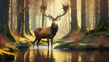 Giant magical deer in the forest, spring nature landscape, animal standing in the water of river or brook